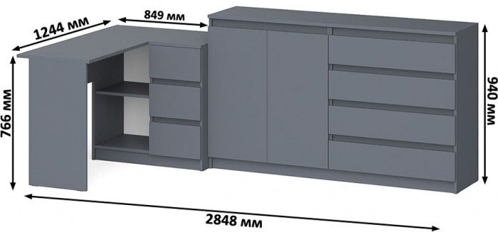Мори компьютерный стол МС-16 правый + Комод МК1600.1, графит