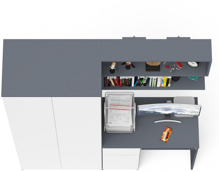 Мори Стол компьютерный МС-1 левый + Шкаф МШ800.1 + Полка 900, цвет графит/белый, ШхГхВ 170,4х50,4х209,6 см., НЕ универсальная сборка