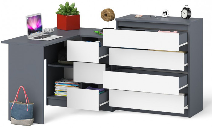 Мори Стол компьютерный МС-16 правый + Комод МК800.4, цвет графит/белый, ШхГхВ 204,8х84,9х94 см., выдвижные ящики справа, НЕ универсальная сборка