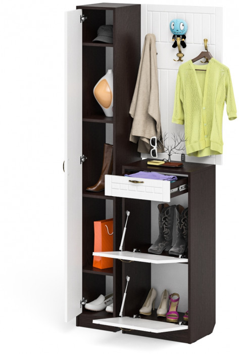 Прихожая П-6 Компоновка № 24, венге/фасады МДФ белое дерево фрезеровка прованс