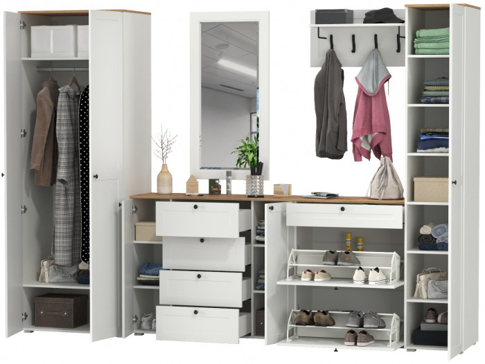 Остин Прихожая 61, цвет белый шагрень/дуб крафт золотой, ШхГхВ 320х54,3х229,6 см., универсальная сборка