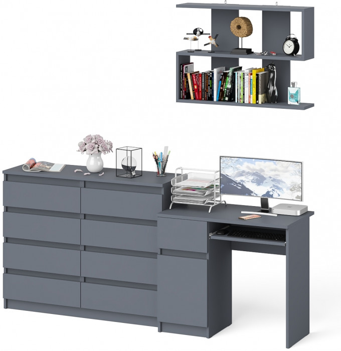 Мори компьютерный стол МС-1 левый + Комод МК1200.8 + Полка 900, графит