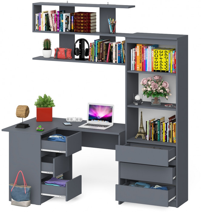 Мори компьютерный стол МС-16 левый + Стеллаж МСТ600.3 + Полка 1200, графит