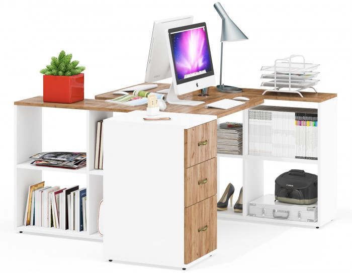 Лидер-8 Стол + Стол + Тумба МД 3.16, цвет белый шагрень/крафт золото, ШхГхВ 370х50/30х75 см. или 230х50/120х75 см., НЕ универсальная сборка