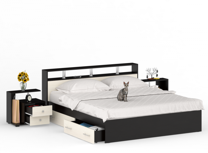 Камелия Кровать с ящиками 1800 + две тумбы, цвет венге/дуб лоредо, ШхГхВ 296х217х78,2 см., сп.м. 1800х2000 мм., без матраса, основание есть