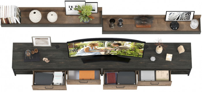 Трувор 13.70 Тумба под ТВ + 13.70 Тумба под ТВ + 15.60 Полка + 15.60 Полка, цвет дуб гранж песочный/интра, ШхГхВ 299,6х45,4х195 см., универс. сборка