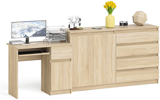 Мори Стол компьютерный МС-1 правый + Комод МК1600.1, цвет дуб сонома, ШхГхВ 250,4х50х94 см., выдвижной ящик справа, НЕ универсальная сборка