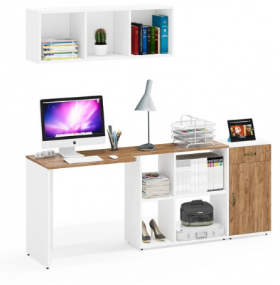 Лидер-8 Стол + Полка + Тумба МД 3.15, белый шагрень/крафт золото