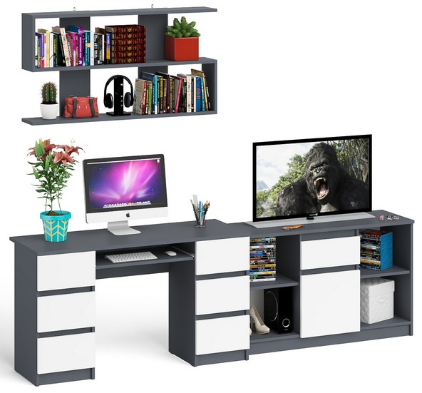 Мори компьютерный стол МС-2 + Тумба МТВ1204.1 + Полка 1200, графит/белый