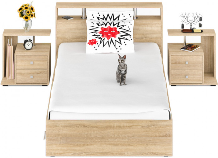 Камелия Кровать с ящиками 1200 + две тумбы, дуб сонома