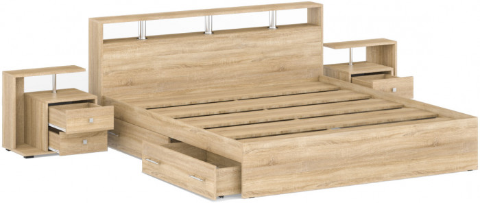 Камелия Кровать с ящиками 1800 + две тумбы, цвет дуб сонома, ШхГхВ 296х217х78,2 см., сп.м. 1800х2000 мм., без матраса, основание есть