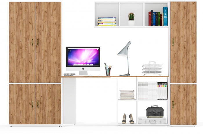 Лидер-8 Шкаф МД 20Б + Стол + Полка + Пенал 23Б, белый шагрень/крафт золото