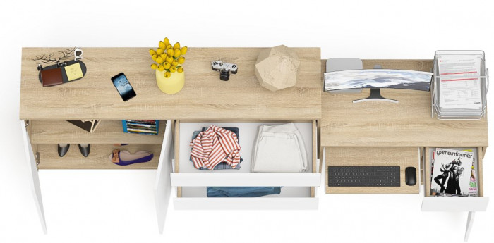 Мори Стол компьютерный МС-1 правый + Комод МК1600.1, цвет дуб сонома/белый, ШхГхВ 250,4х50х94 см., выдвижной ящик справа, НЕ универсальная сборка