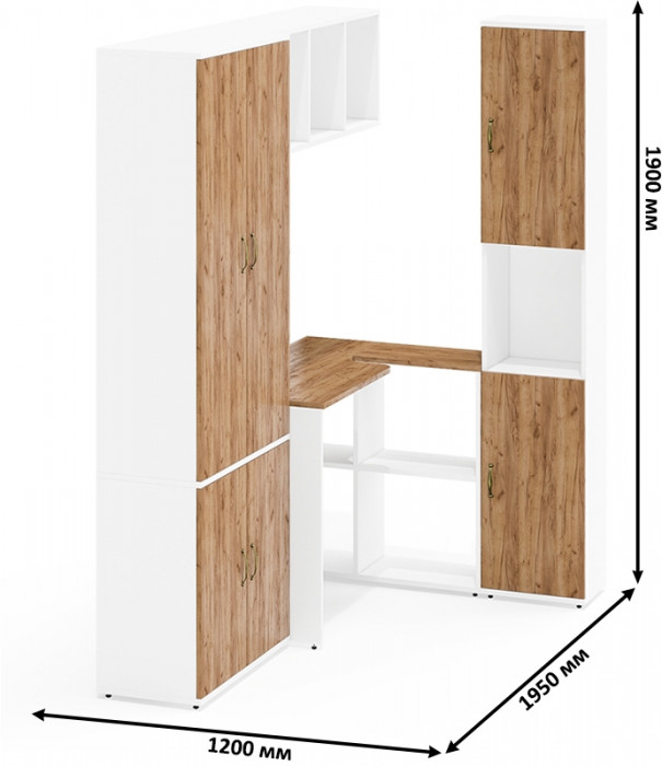 Лидер-8 Шкаф МД 20Б + Стол + Полка + Пенал, цвет белый шагрень/крафт золото, ШхГхВ 285х50/30х75/190 или 195х120х75/190 см., НЕ ун.сб.