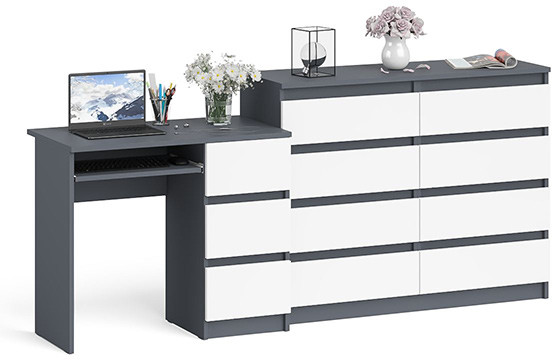 Мори компьютерный стол МС-6 правый + Комод МК1200.8, графит/белый