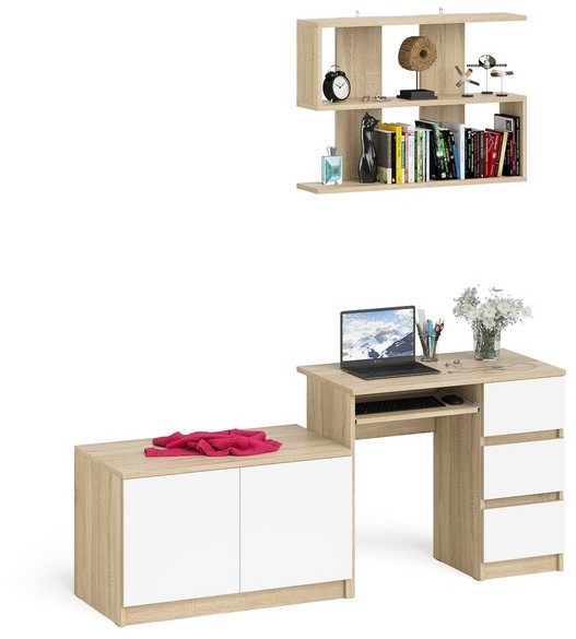Мори Стол компьютерный МС-6 правый + Тумба МА900.1 + Полка 900, цвет дуб сонома/белый, ШхГхВ 180,4х50,4х209,6 см., НЕ универсальная сборка