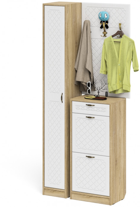 Прихожая П-6 Компоновка № 24, дуб сонома/фасады МДФ белое дерево фрезеровка ромб