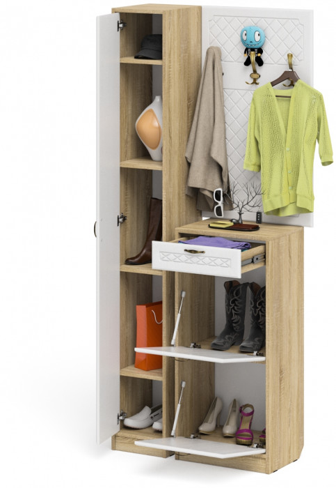 Прихожая П-6 Компоновка № 24, дуб сонома/фасады МДФ белое дерево фрезеровка ромб