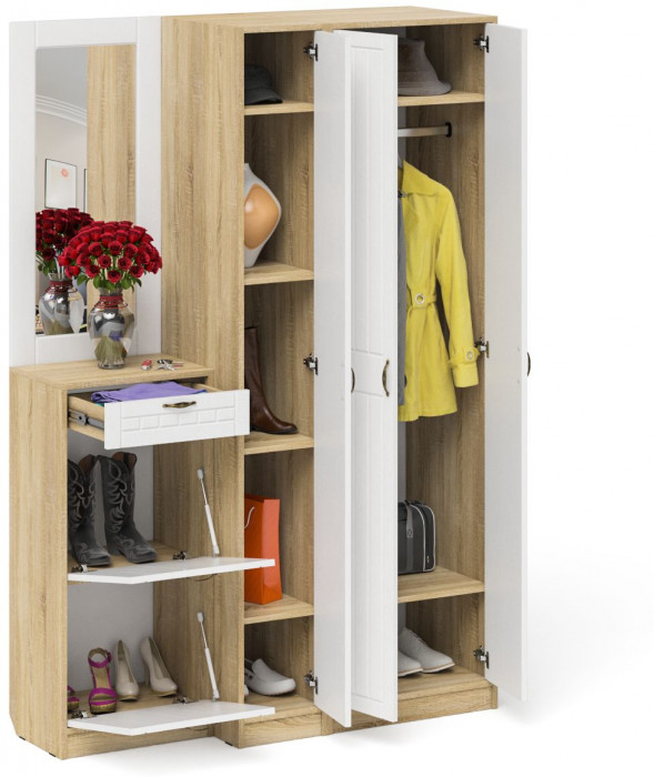 Прихожая П-6 Компоновка № 49, дуб сонома/фасады МДФ белое дерево фрезеровка прованс