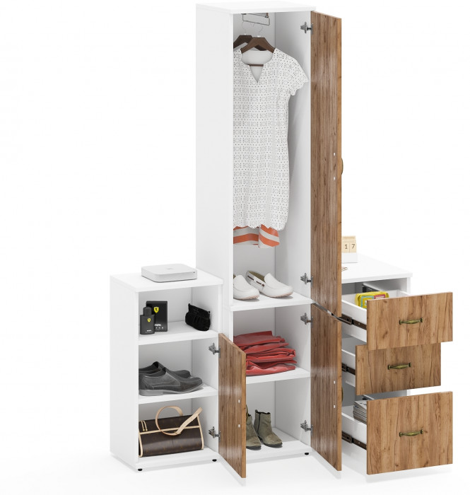 Лидер-8 Пенал МД 21Б + Тумба МД 3.16 + Тумба МД 3.19, белый шагрень/крафт золото