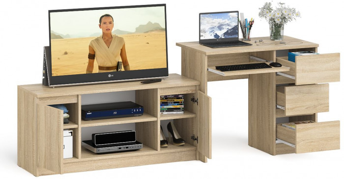 Мори компьютерный стол МС-6 правый + Тумба МТВ1200.1, дуб сонома