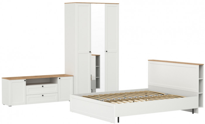 Остин 11.53 Кровать + ортопед + 13.336.03 Шкаф для одежды + 16.47 Тумба под ТВ, белый шагрень/дуб крафт золотой