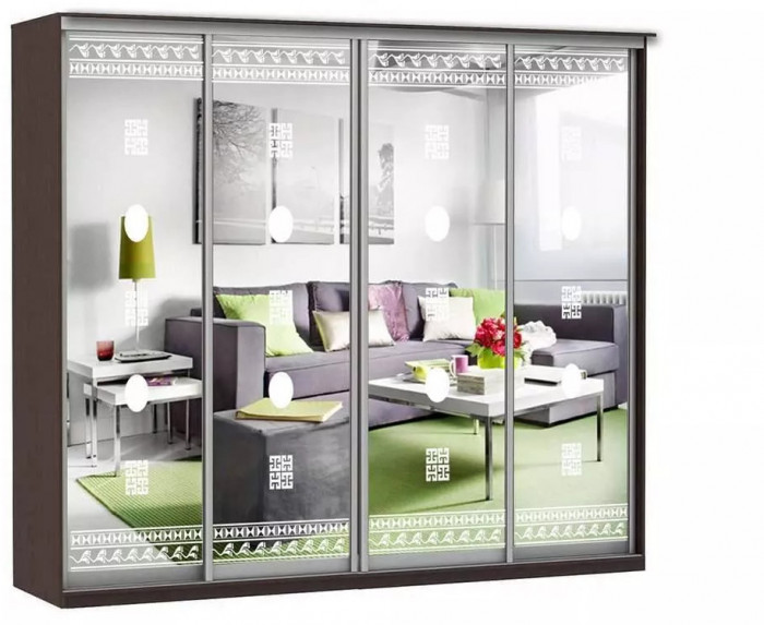 Шкаф купе Модерн 2362х600 4-х дверный 4-х секционный зеркальный с пескоструем №2 венге