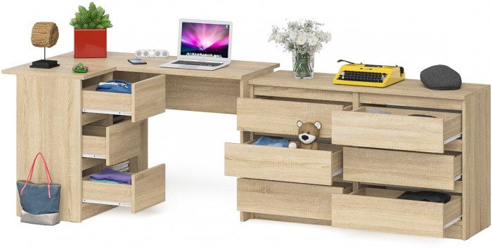 Мори компьютерный стол МС-16 левый + Комод МК1200.6, дуб сонома