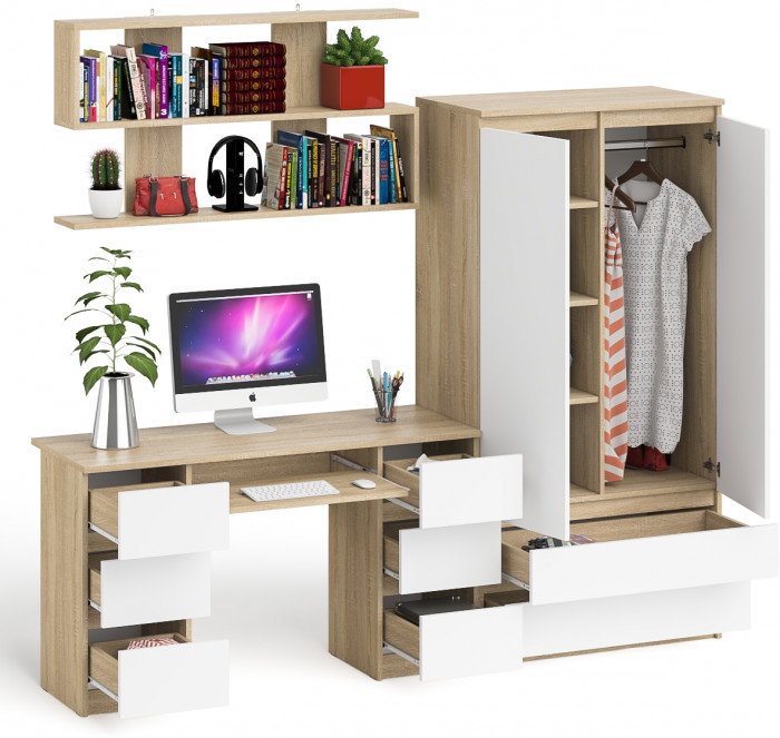 Мори компьютерный стол МС-2 + Шкаф МШ900.1 + Полка 1200, дуб сонома/белый
