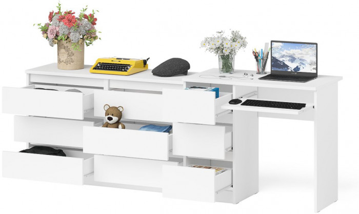 Мори Стол компьютерный МС-6 левый + Комод МК1200.6, цвет белый, ШхГхВ 210,4х50х76,6 см., выдвижные ящики слева, НЕ универсальная сборка