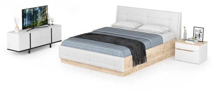 Муссон Кровать 11.28 + подъёмный ортопед + Тумба 16.03 + Тумба ТВ 13.276, цвет белый/чёрный/дуб эндгрейн элегантный/кожзам белый, 1600х2000 мм., б/м
