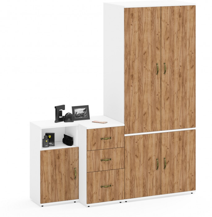 Лидер-8 Шкаф МД 19Б + Тумба МД 3.16 + Тумба МД 3.19, белый шагрень/крафт золото