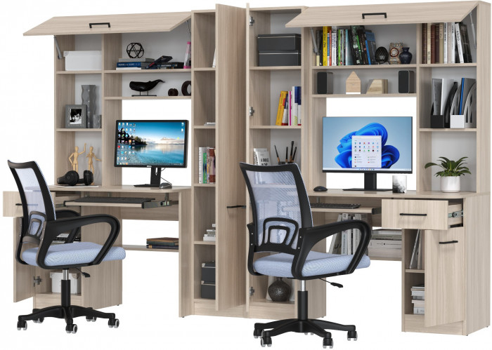 Два стола рабочих 6-0603 Альфа + два кресла 103 серых, цвет ясень шимо светлый, ШхГхВ 274х61х181 см., универсальная сборка