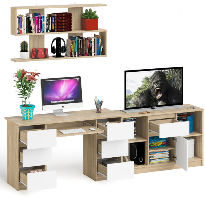 Мори компьютерный стол МС-2 + Тумба МТВ1204.1 + Полка 1200, дуб сонома/белый