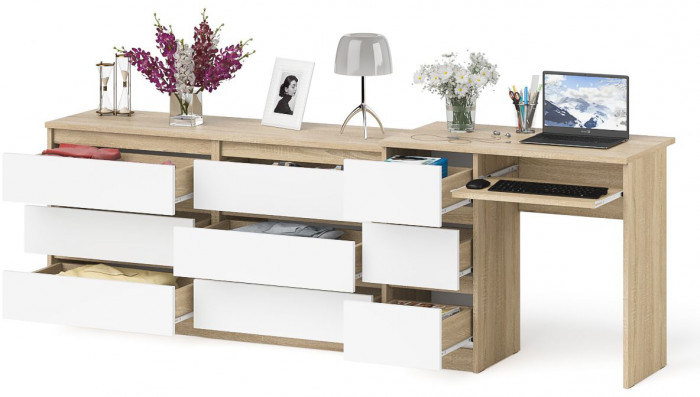 Мори компьютерный стол МС-6 левый + Комод МК1380.6, дуб сонома/белый
