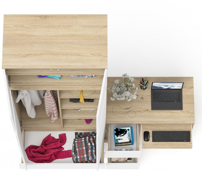 Мори компьютерный стол МС-6 левый + Шкаф МШ900.1 + Антресоль МА900.1, дуб сонома/белый