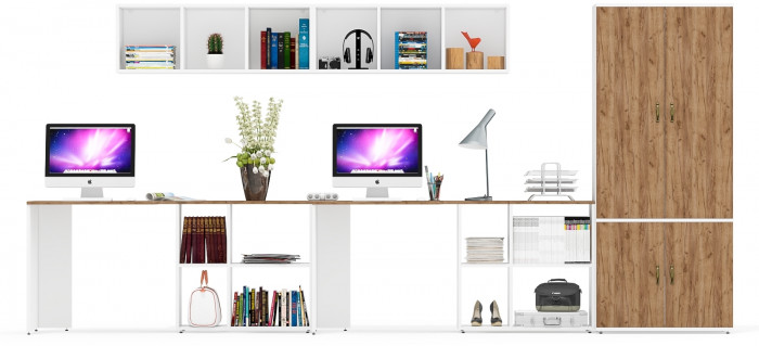 Лидер-8 Стол + Полка + Стол + Полка + Шкаф МД 20Б, цвет белый шагрень/крафт золото, ШхГхВ 410х50/37,5х75/190 или 230х160/50х75/190 см., НЕ ун. сборка