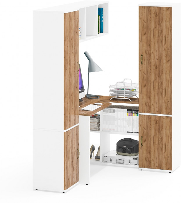 Лидер-8 Пенал МД 22Б + Стол + Полка + Пенал 21Б, цвет белый шагрень/крафт золото, ШхГхВ 245х50х75/190 или 155х120/50х75/190 см., НЕ универс. сборка