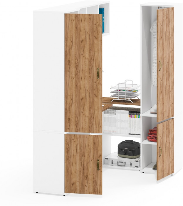 Лидер-8 Пенал МД 22Б + Стол + Полка + Пенал 21Б, цвет белый шагрень/крафт золото, ШхГхВ 245х50х75/190 или 155х120/50х75/190 см., НЕ универс. сборка