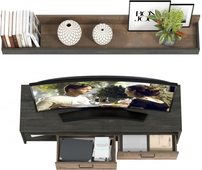 Трувор 13.70 Тумба под ТВ + 15.60 Полка, цвет дуб гранж песочный/интра, ШхГхВ 149,8х45,4х195 см., универсальная сборка