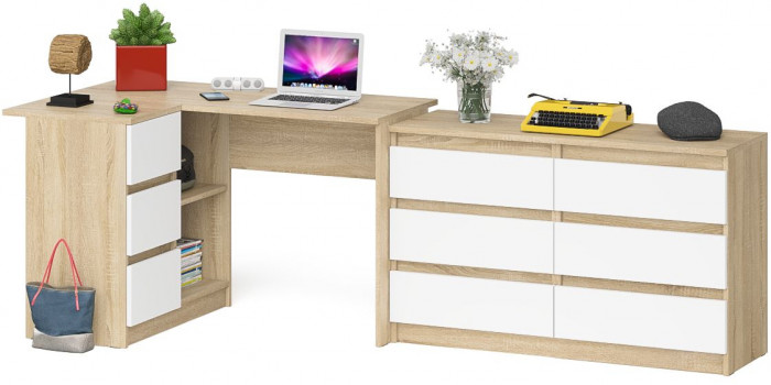 Мори компьютерный стол МС-16 левый + Комод МК1200.6, дуб сонома/белый
