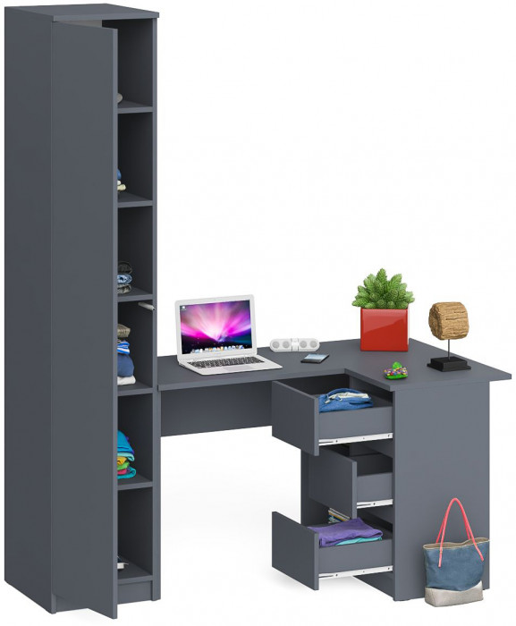 Мори Стол компьютерный МС-16 правый + Пенал МШ400.1, цвет графит, ШхГхВ 164,8х84,9х209,6 см., выдвижные ящики справа, НЕ универсальная сборка