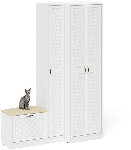 Прихожая П-6 Компоновка № 25, белая шагрень/фасады МДФ белое дерево фрезеровка ромб