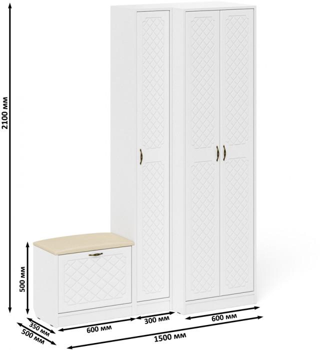Прихожая П-6 Компоновка № 25, белая шагрень/фасады МДФ белое дерево фрезеровка ромб