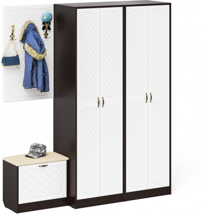 Прихожая П-6 Компоновка № 09, цвет венге/фасады МДФ белое дерево фрезеровка ромб, ШхГхВ 180х50х210 см., универсальная сборка