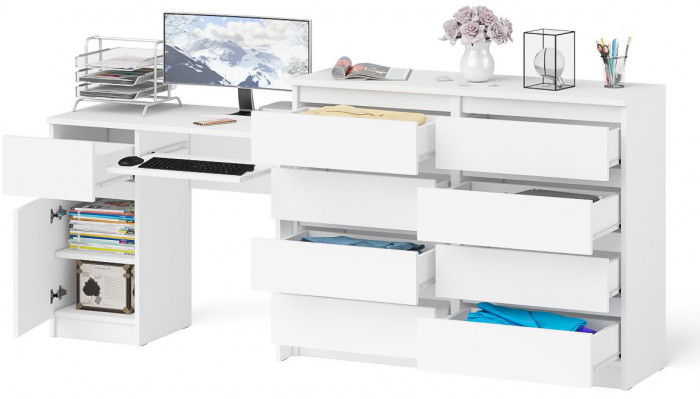 Мори компьютерный стол МС-1 левый + Комод МК1200.8, белый