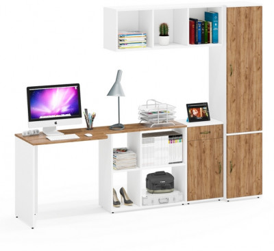 Лидер-8 Стол + Полка + Тумба МД 3.15 + Пенал МД 21Б, цвет белый шагрень/крафт золото, ШхГхВ 245х50/37,5х75/190 или 115х160/50х75/190 см., НЕ ун. сб.