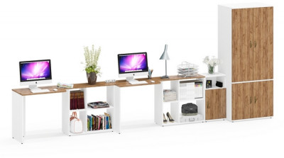 Лидер-8 Стол + Стол + Шкаф МД 19Б + Тумба МД 3.19, цвет белый шагрень/крафт золото, ШхГхВ 450х50х75/190 или 230х200/50х75/190 см., НЕ ун. сб.