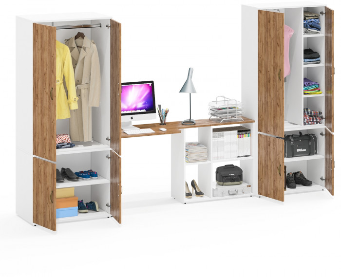 Лидер-8 Шкаф МД 20Б + Стол + Шкаф МД 19Б, белый шагрень/крафт золото