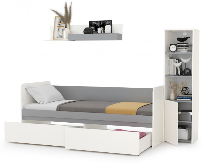 Торонто Компоновка № 23, цвет белый шагрень/стальной серый, ШхГхВ 234х84,4х149,7 см., сп. м. 800х1900 мм., б/м, основание есть, универсальная сборка